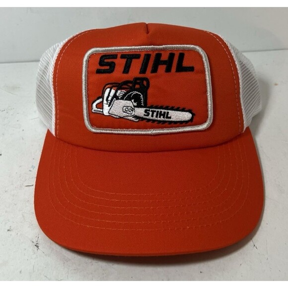 STIHL Hat Chainsaw Patch Snapback Mesh Trucker White Orange Cap NEW - Picture 1 of 7